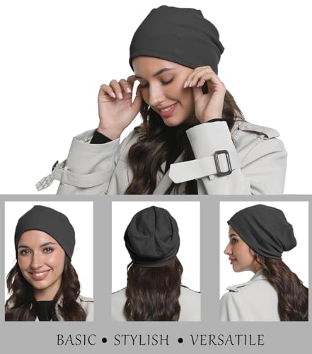 Slouchy Beanie for Women Men Thin Knit Winter Hat 93% Cotton Beanies - color: Black