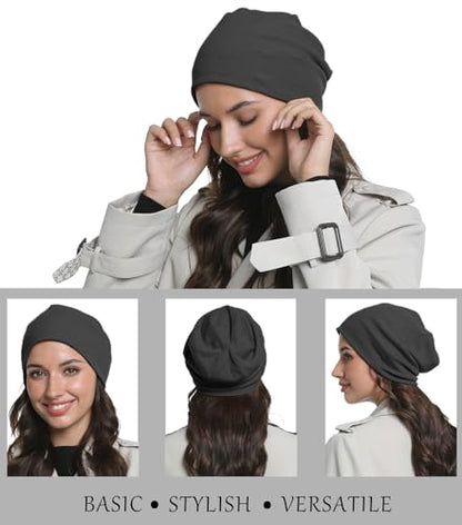Slouchy Beanie for Women Men Thin Knit Winter Hat 93% Cotton Beanies - color: Black