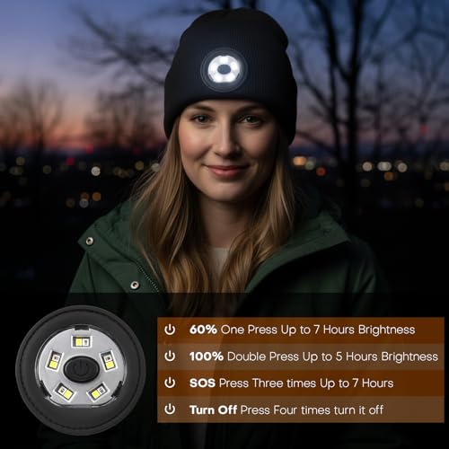 Beanie with Light, Unisex USB-C Rechargeable Headlamp Beanie Flashlight Beanie Hat for Men Women 5 LED Super Brightness Black - color: Black
