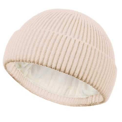 Short Fisherman Beanie for Men Women Wool Fleece Lined Winter Hat - color: 1pcs-beige
