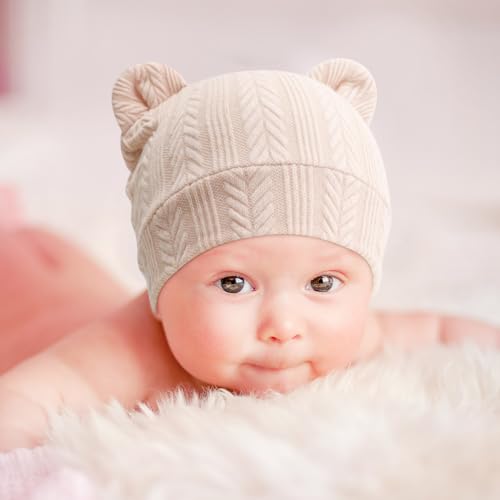 Newborn Baby Hat and Mittens Set Bear Ears Toddler Infant Beanie Caps Newborn Hospital Hat for Baby Boy Girl 0-3 Months - color: Wheat Patterned Bear Ear a