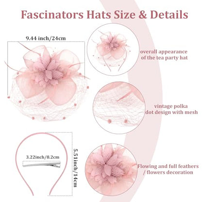 Semato Fascinators Hats for Women Mesh Feathers Elegant Pink Tea Party Kentucky Hat Derby Headband with Hair Clip - color: Pink