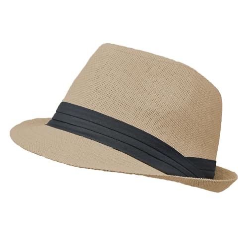 for Men Women Summer Fedora Panama Hat Trilby Cuban Straw Sun Hats Short Brim with Black Band - color: Beige, size: Large-X-Large