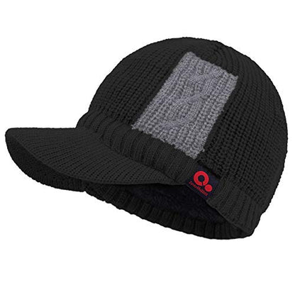 Women's Contrast Patch Visor Beanie Winter Knit Hat with Birim Fleece Lining Baseball Cap - color: Black