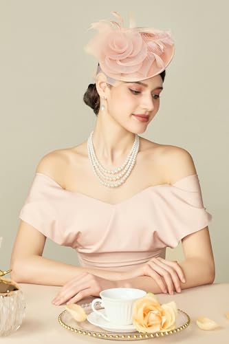 BABEYOND Fascinators Hats for Women Tea Party Mesh Flower Pillbox Derby Hat - color: Peach Fuzz
