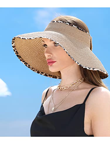 sy soul young Women's Straw Hat with Ponytail Hole Wide Brim Visor Sunhat - color: Khaki With Leopard