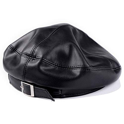 Women Buckle Spring Fall Winter Faux Leather Beret Classic British Style Hat - color: Black