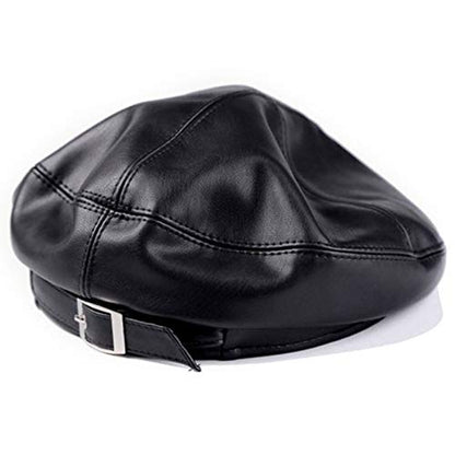 Women Buckle Spring Fall Winter Faux Leather Beret Classic British Style Hat - color: Black