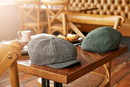 Hanna Hats Traditional Tweed Wool Donegal Touring Cap. Unisex Ivy Hat. Sewn Peak and Taffeta Lining. 100% Made in Ireland. - color: Dark Green Fleck Salt & Pepper, size: Small