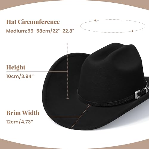 Cowboy Hats for Women and Men with Wide Brim Felt Western Hats for Cowgirls and Cowboys - color: Black