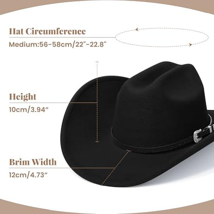 Cowboy Hats for Women and Men with Wide Brim Felt Western Hats for Cowgirls and Cowboys - color: Black