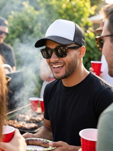 Funky Junque Blank Mesh Foam Lightweight Snapback Trucker Hat - color: Hat (Black/White) & Sunglasses (Black)