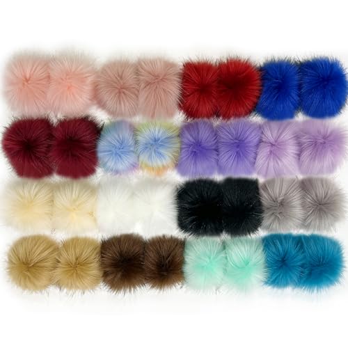 Allruyee 32 Pieces Pom Pom Faux Fur Pom Pom for Hats, Keychains, Scarves, Gloves & Bags Accessories with Elastic Loop, 16 Colors - color: Light Color