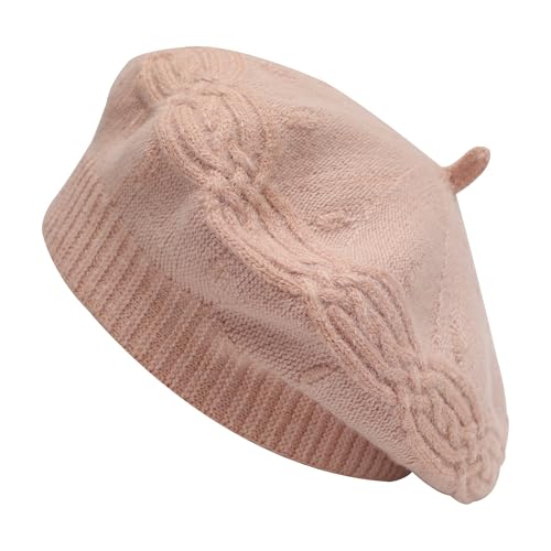 ZLYC Women French Beret Hat Reversible Solid Color Knit Warm Artist Cap - color: Cable Knit Pink