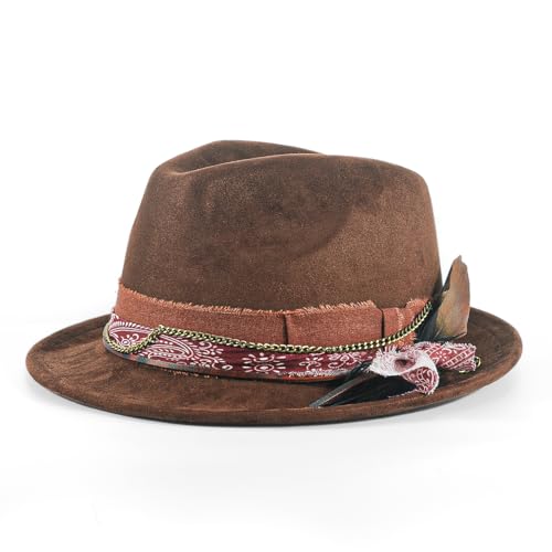 Fedora Trilby Hats for Men Women Handmade 1920s Classic Short Brim Hat with Feathers Unisex - color: Brown