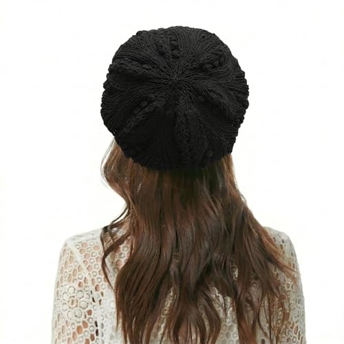 ZLYC Women Cotton Slouchy Crochet Beret Handmade Cutout Floral Beanie Hat - color: Knit Black