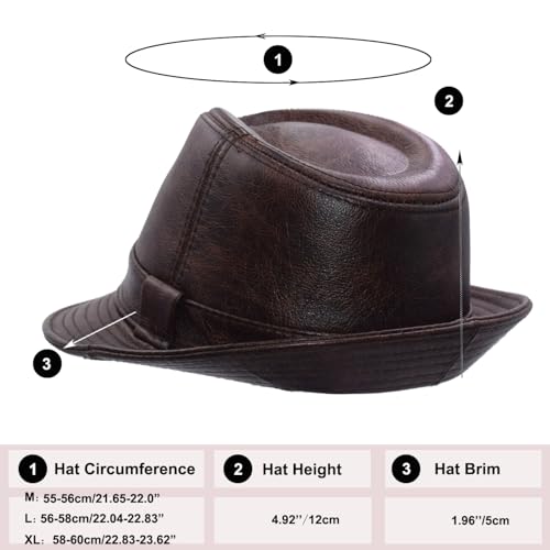 Vintage Cowhide Jazz Hats Classic Leather Fedora Hat - color: Brown, size: X-Large