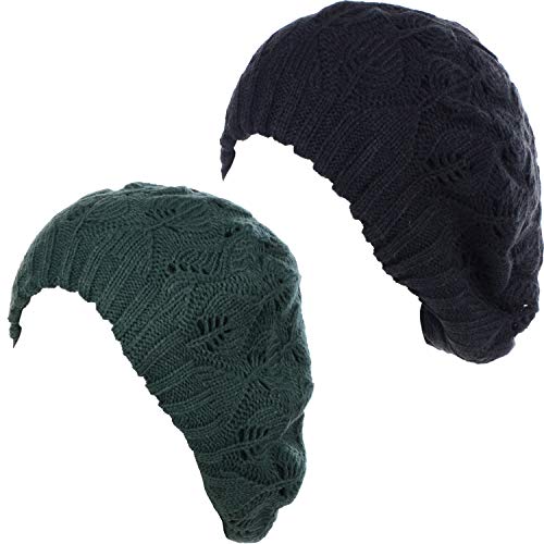 BYOS Women Mid-Weight Slouchy Leafy Cutout Crochet Soft Knit French Beret Hat - color: 2-pack-dark Green & Bk