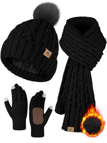 Winter Hat Scarf Gloves Set, Fleece Lined Cable Knit Pompom Hat Women Gift - color: Black