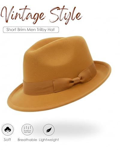 Fedora Hats for Men Women 1920s Short Brim Felt Trilby Hat - color: Camel