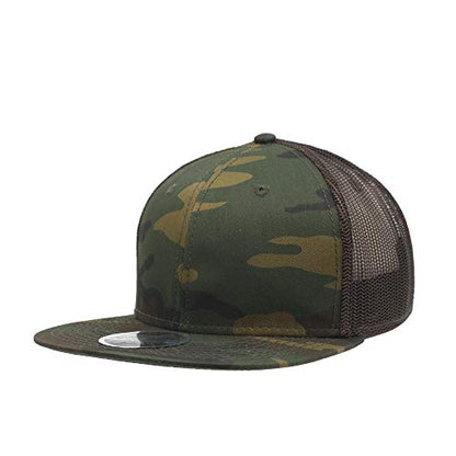 Plain Cotton Twill Flat Brim Mesh Adjustable Snapback Trucker Baseball Cap - color: Camo/Camo/Dark Brown