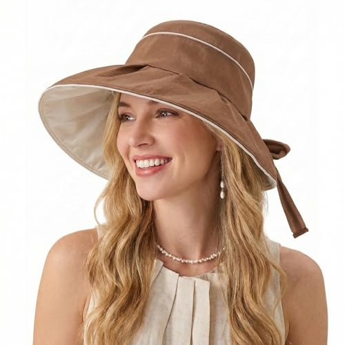 Women Summer Sun Hats Wide Brim Foldable Packable UPF 80+ UV Protection Travel Beach Outdoor Bucket Hat Bow Tie - color: Dark Khaki