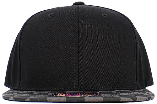 KBETHOS Classic Snapback Hat Blank Cap Underbrim Cotton Wool Blend Flat Visor Adjustable Unisex - color: Black Dark Gray Checkered Brim Snapback