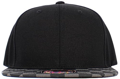 KBETHOS Classic Snapback Hat Blank Cap Underbrim Cotton Wool Blend Flat Visor Adjustable Unisex - color: Black Dark Gray Checkered Brim Snapback