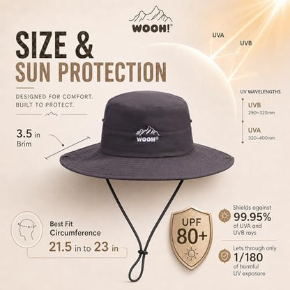 WOOH Sun Hats for Women,UPF80+ Wide Brim Foldable Bucket Hat with Adjustable Chin Strap,Summer Hat for Beach Hiking Gardening - color: Grey