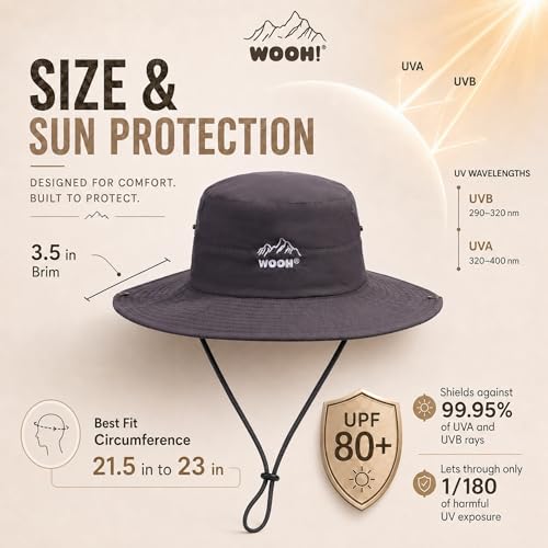 WOOH Sun Hats for Women,UPF80+ Wide Brim Foldable Bucket Hat with Adjustable Chin Strap,Summer Hat for Beach Hiking Gardening - color: Grey