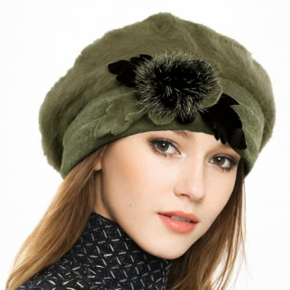 VECRY Lady French Beret 100% Wool Beret Floral Dress Beanie Winter Hat - color: Angola-green