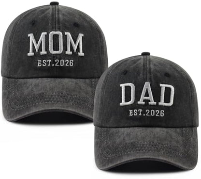 2PCS Mom and Dad EST 2027 2026 Hats for Women Men, New Parents Baseball Cap - color: Black