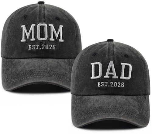 2PCS Mom and Dad EST 2027 2026 Hats for Women Men, New Parents Baseball Cap - color: Black
