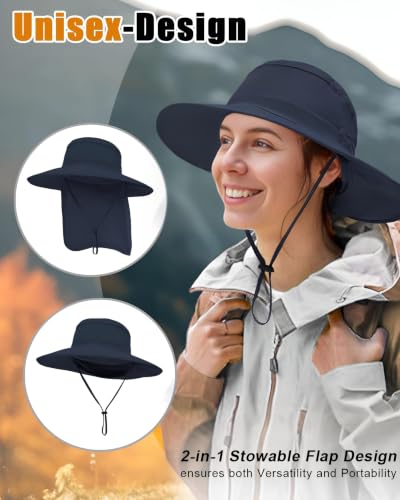 Outdoor Sun Hats with Stowable Neck Flap for Men Women UPF 50+ Mesh Summer Bucket Hat Wide Brim for Fishing Safari Hiking - color: Navy Blue