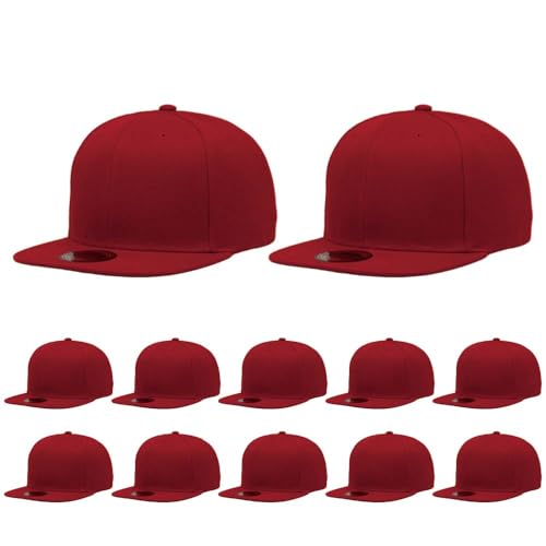 ZH Plain Flat Brim Snapback Baseball Caps Adjustable Blank Baseball Caps Wholesale 12 Pack - color: Red