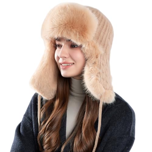 Women Winter Trapper Hat Ushanka Warm Sherpa Beanie Knit Ear Flap - color: Knitting Khaki