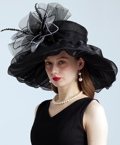 Women Organza Derby Hat Fascinator Tea Party Wedding Church Derby Hat Fascinator Hats Dual-use - color: 02a Black