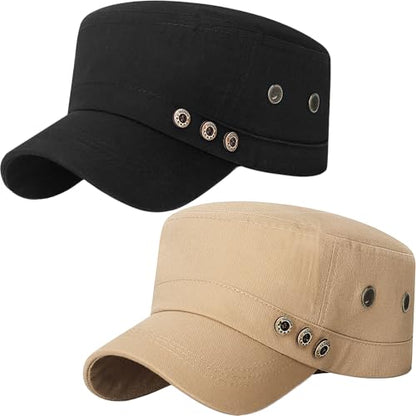 Cadet Army Hat 2 Pieces Flat Top Cap Unisex Military Hat for Women Men - color: Black C + Beige C