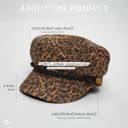 Funky Junque Greek Fisherman Newsboy Cap, Cotton Captains Bakerboy Hat - color: Leopard