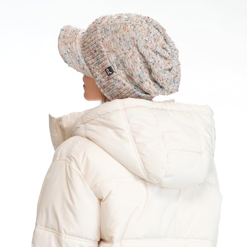 C.C Fuzzy Fleece Lined Warm Oversized Chunky Soft Stretchy Oversized Two Way Ribbed Slouchy Knit Hat with Visor Brim - color: Oatmeal