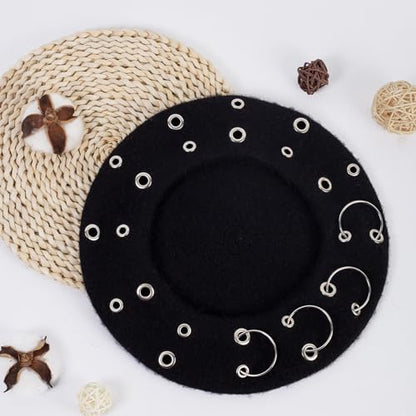 French Beret Hats Punk Iron Ring Beret for Women Fashionable Black