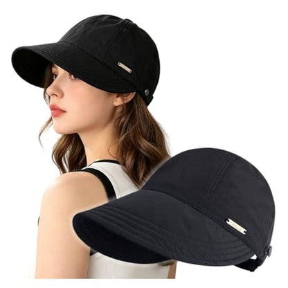 Women's Adjustable Ponytail Sun Hat, Wide Brim Summer Protection Cap - color: Black