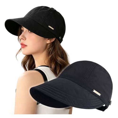 Women's Adjustable Ponytail Sun Hat, Wide Brim Summer Protection Cap - color: Black