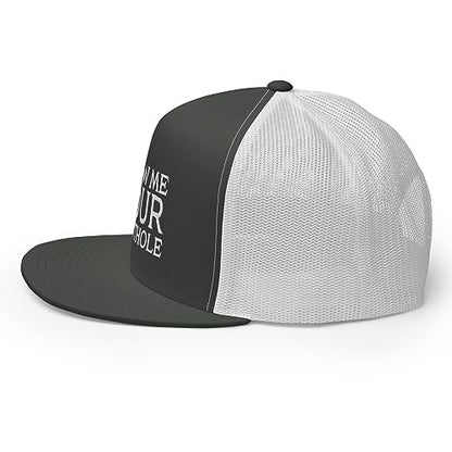 Show Me Your Butthole Premium Trucker Hat Flat Bill High Crown Adjustable Funny Cap - color: Charcoal/ White