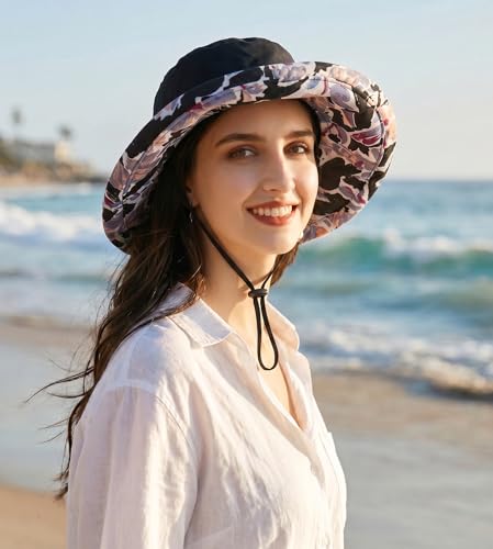 Womens Foldable Shapeable Brim Sun Hat UPF 50+ Cotton Wide Brim Beach Adjustable Chin Strap Hat Sun Protection Cap - color: Z5-black