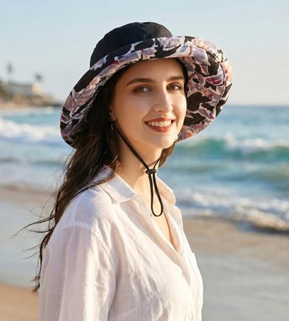 Womens Foldable Shapeable Brim Sun Hat UPF 50+ Cotton Wide Brim Beach Adjustable Chin Strap Hat Sun Protection Cap - color: Z5-black