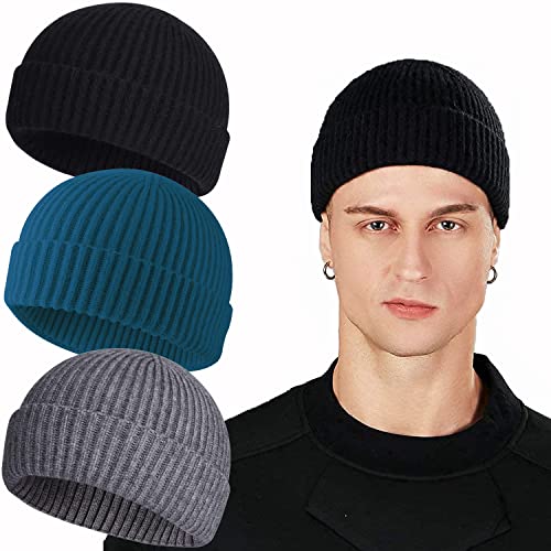 ROYBENS Swag Wool Knit Cuff Short Fisherman Beanie for Men Women Winter Hat - color: 3pcs Black, Gray, Steel Blue
