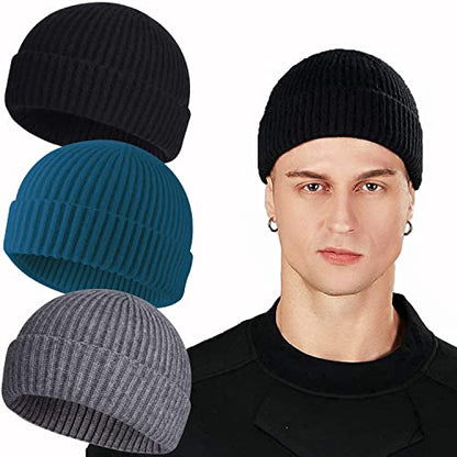 ROYBENS Swag Wool Knit Cuff Short Fisherman Beanie for Men Women Winter Hat - color: 3pcs Black, Gray, Steel Blue