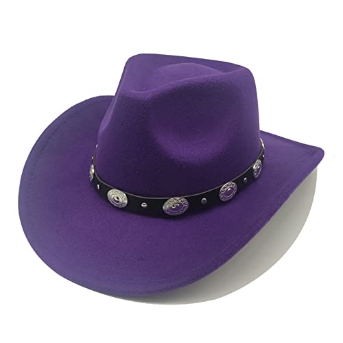 Classic Western Cowboy Hat Cowgirl Hat Unisex Men's & Women's Wide Brim Felt Fedora Hat Flat Top with Buckle Belt - color: Purple, size: 7 1/4-7 1/2