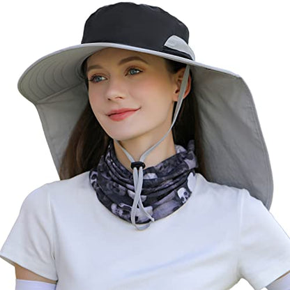 HUAMULAN Women Men Wide Brim Sun Hat Hiking Fishing Hats with Neck Flap - color: Hyp011-black